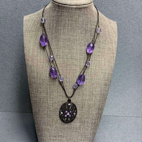 Vintage Jewelry - Vintage Oval Pendant Necklace 16 In As Is Black Purple Bling Filigree Glam